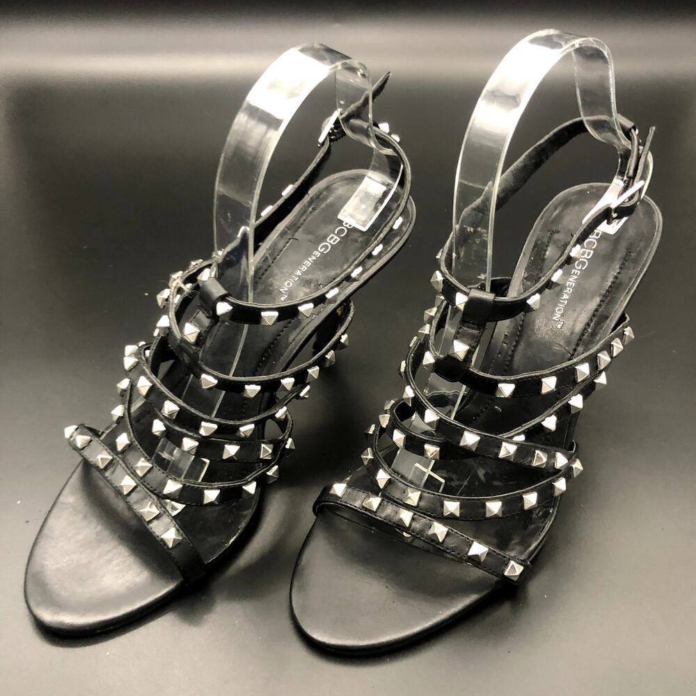 BCBGeneration Studded Strapped Black Leather Heels, Women's Size 9.5B/EUR 39.5